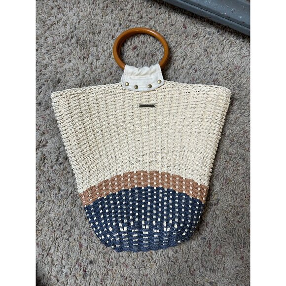 ONeill Womens Woven Straw Tote Bag Wooden Handles Beige/Navy/Brown Beach Design - Picture 1 of 7